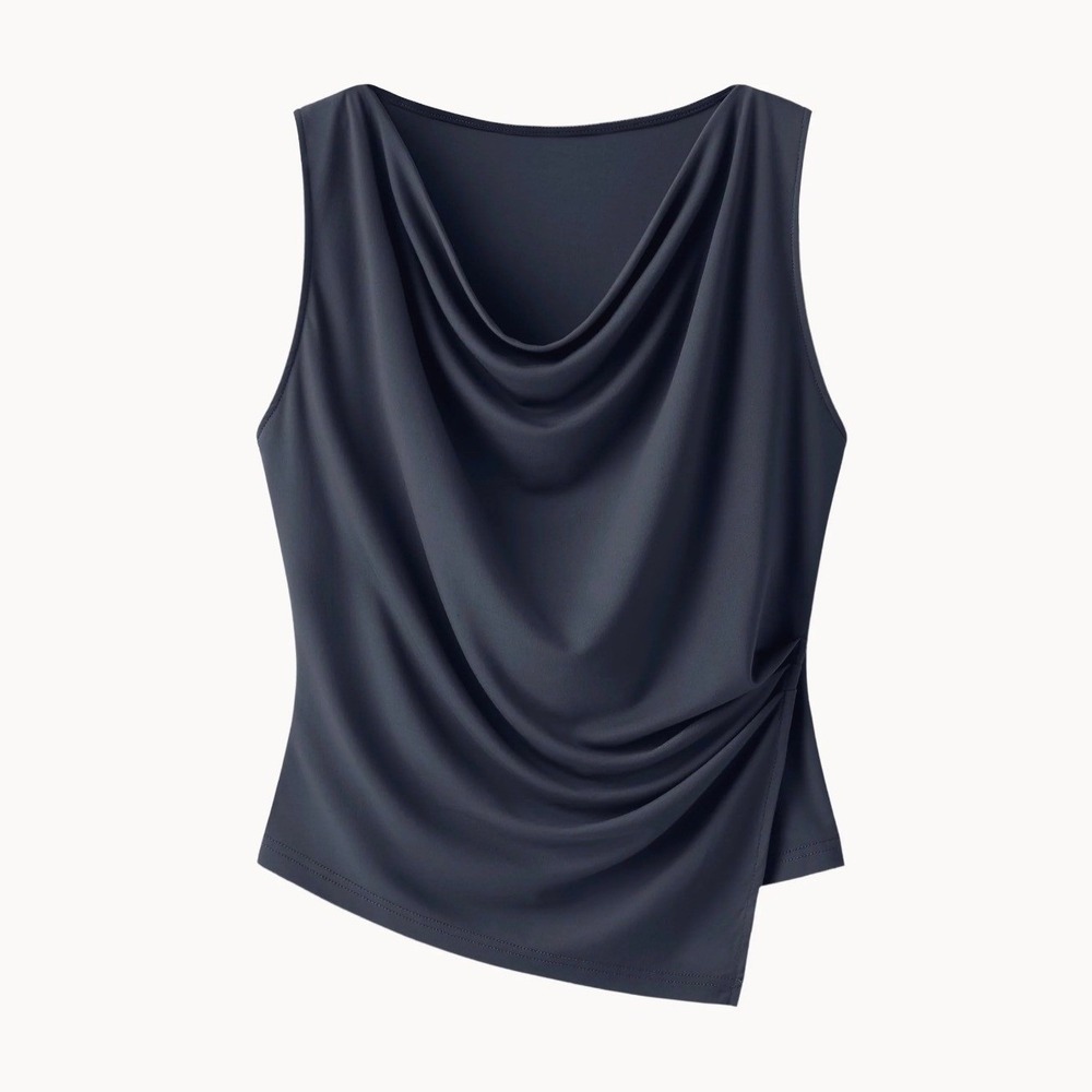 OGL Midnight Navy Ponte-De-Roma Cowl Neck Asymmetrical Tucked Sleeveless Top M